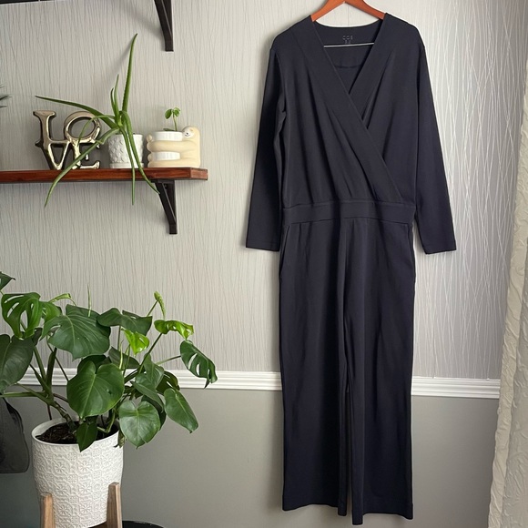 COS navy blue jersey knit faux wrap jumpsuit size large - Picture 11 of 11